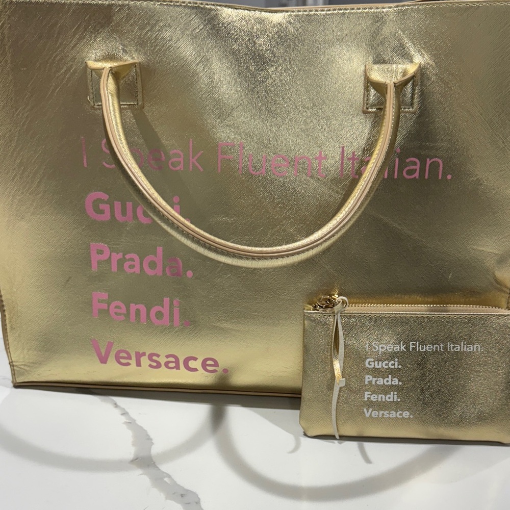 Versace Gold Tote with Pink Lettering